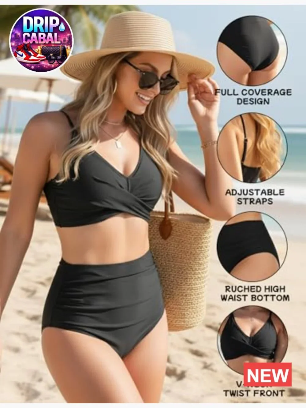 High Waisted Bikini Set Twist Front V Neck Two Piece Swimsuit Ruched Tummy